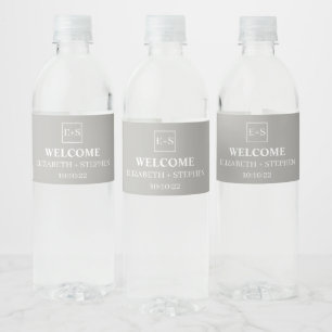 Eenvoudig Monogram grijs en wit huwelijk Waterfles Etiket