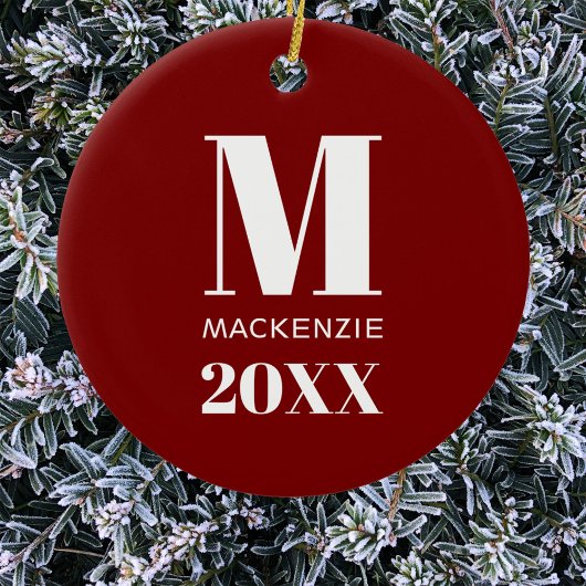 Eenvoudig Monogram Naam Jaar Rood en Wit Keramisch Ornament