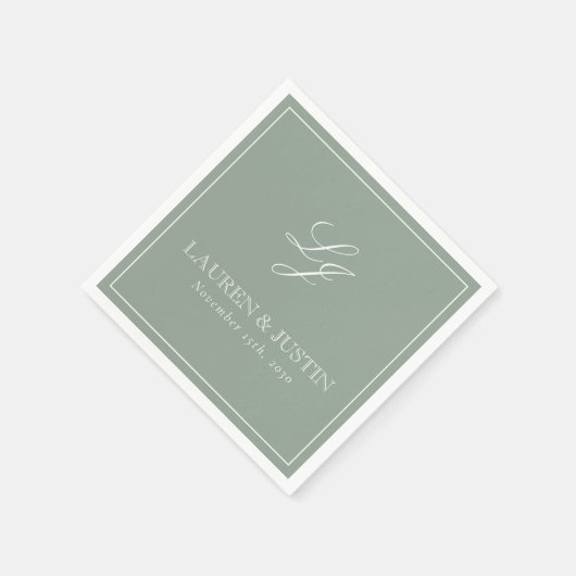 Eenvoudig Monogram Sage Green Elegant Script Weddi Servet (Hoek)