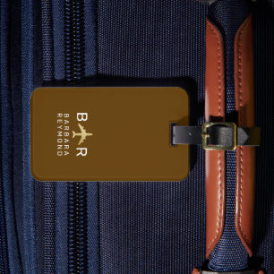Eenvoudig Monogram Vliegtuig Reis Bruin Bagagelabel