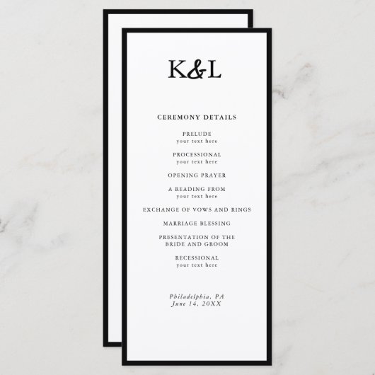 Eenvoudig Monogram Zwart-Wit Trouwprogramma Programma (Voorkant / Achterkant)