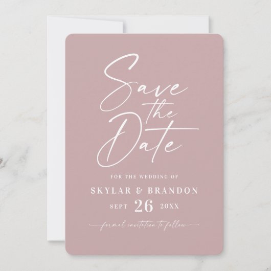 Eenvoudig mosterdroze met scriptweduwschap save the date (Voorkant)