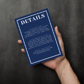 Eenvoudig nautisch blauw wit grens bruiloft informatiekaartje