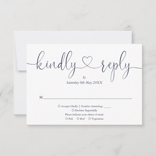 Eenvoudig Navy Blauw Wit Script Hart Vriendelijk A RSVP Kaartje (Voorkant)