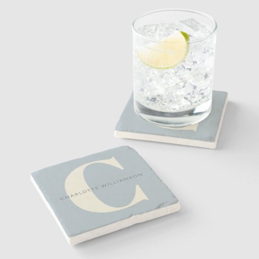 Eenvoudig persoonlijk monogram en naam in blauw stenen onderzetter (Zijkant)