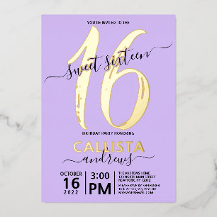 Eenvoudig Real Gold Lavender Sweet 16-jarig Folie Uitnodiging