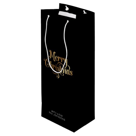 Eenvoudig Retro Script Zwart Goud Vrolijk Kerstfee Wijn Cadeautas (Achterkant Gekanteld)