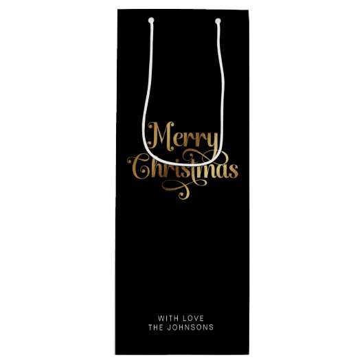 Eenvoudig Retro Script Zwart Goud Vrolijk Kerstfee Wijn Cadeautas (Voorkant)