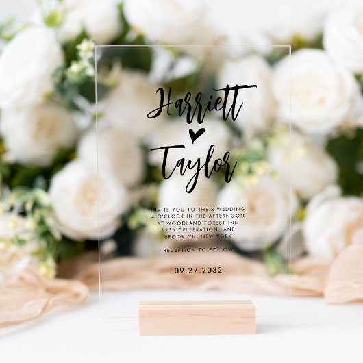 Eenvoudig Romantisch Liefdevol Hart Script Bruilof Acryl Uitnodigingen