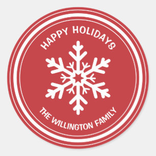 Eenvoudig rood en wit Prettige feestdagen Snowflak Ronde Sticker
