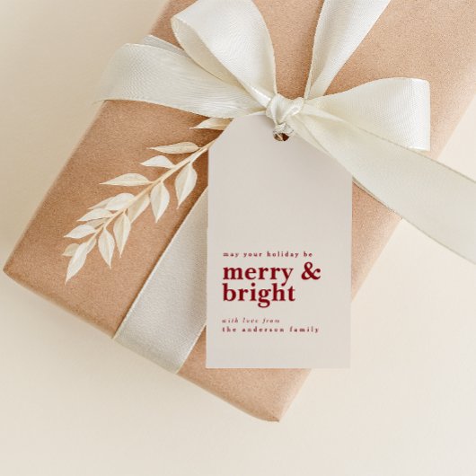 Eenvoudig rood Merry & Bright met aangepaste naam  Cadeaulabel