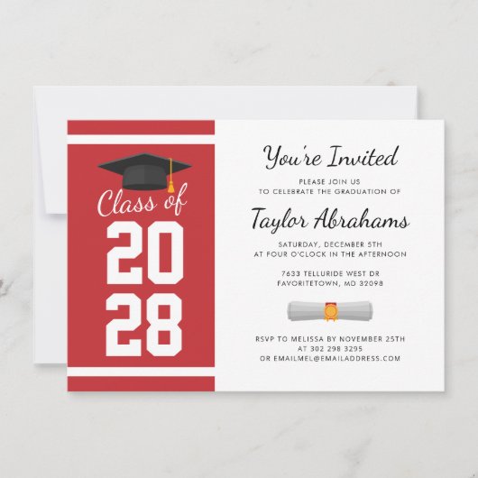 Eenvoudig Rood Wit 2025 Afstudeerfeest Kaart (Voorkant)