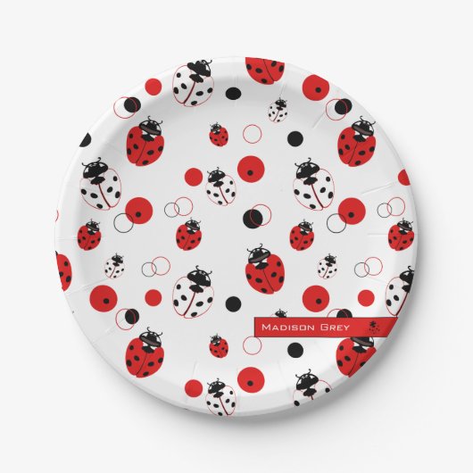 Eenvoudig rood, zwart en wit ladybug-patroon papieren bordje (Voorkant)