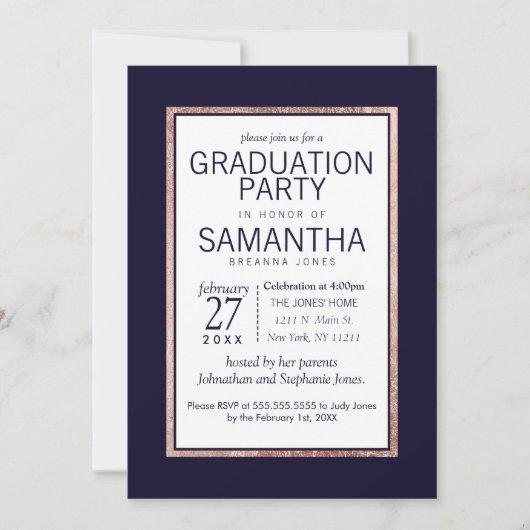 Eenvoudig Roos Gold Lined Navy Blue Graduation Par Kaart (Voorkant)