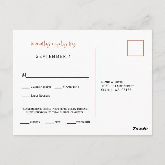 Eenvoudig Roos Gold Script Meal Choice Reception R Briefkaart (Achterkant)