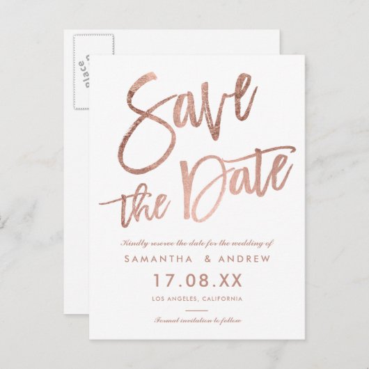 Eenvoudig roos gouden script, wittekic, sla de dat aankondigingskaart (Voorkant / Achterkant)