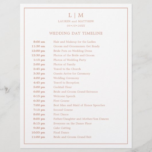 Eenvoudig Roos Roze Monogram Elegante Trouwtijdlij (Voorkant)