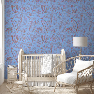 Eenvoudig roze bloemig op blauw   behang