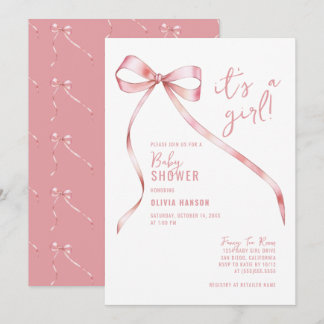 Eenvoudig Roze Bow Meisje Baby shower Kaart