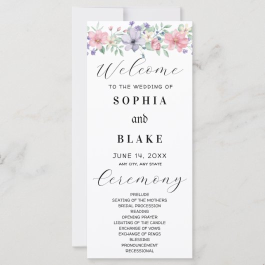 Eenvoudig roze en Paarse Floral Wedding Programme (Voorkant)
