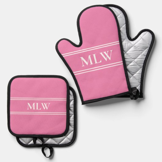 Eenvoudig roze en wit monogram ovenwant & pannenlap set (Voorkant / Achterkant)