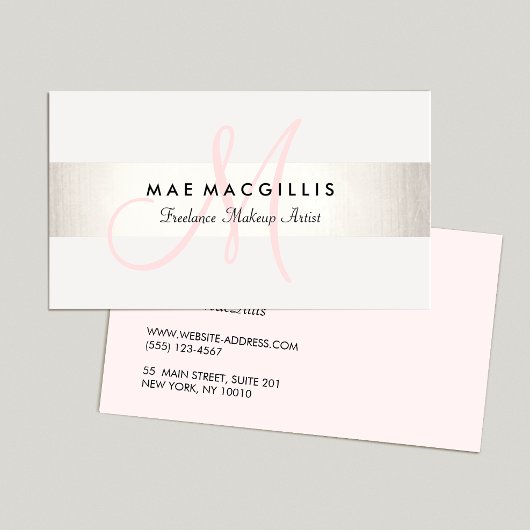 Eenvoudig roze monogram modern FAUX Silver Striped Visitekaartje
