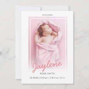 Eenvoudig roze script Newborn Baby Foto Birth Aankondiging