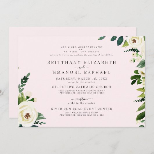 Eenvoudig roze wit bloemen beide ouders bruiloft kaart (Voorkant / Achterkant)