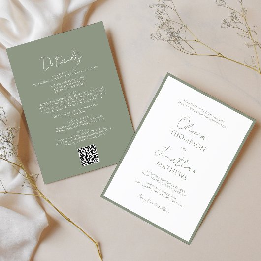 Eenvoudig Sage Green Border Script QR Code Wedding Kaart