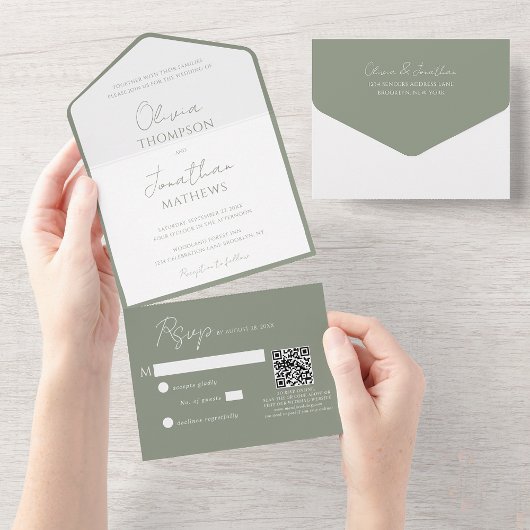Eenvoudig Sage Green Script QR Code Wedding All In One Uitnodiging