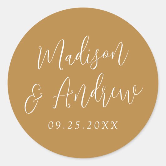 Eenvoudig script aangepast Ochre Wedding Ronde Sticker (Voorkant)