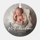 Eenvoudig script baby's eerste kerstfotofeest metalen ornament (Achterkant)