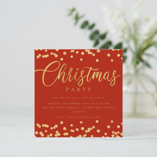 Eenvoudig Script Goud Rood Confetti Kerstfeest Kaart (Staand voorkant)