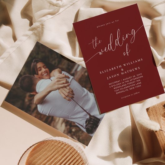 Eenvoudig script kalligrafie bordeaux foto bruilof kaart