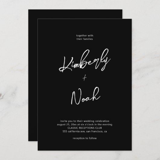 Eenvoudig script minimaliseert zwart-witbruiloft kaart (Voorkant / Achterkant)