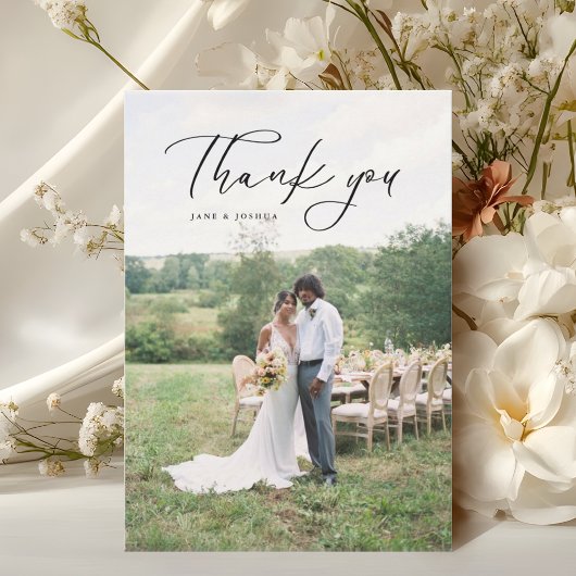 Eenvoudig Script Moderne Trouwfoto Zwart Bedankkaart