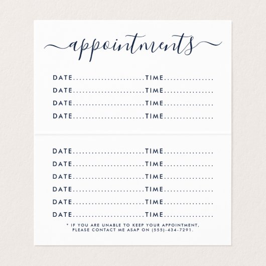 Eenvoudig script, Navy Blue & White Appointcard Visitekaartjes (Binnenkant ongevouwen)