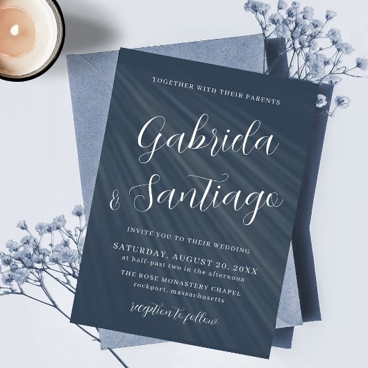 Eenvoudig Script Navy Blue White Wedding Kaart