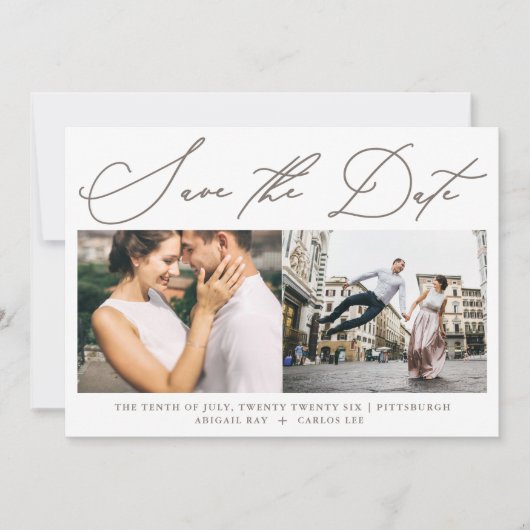 Eenvoudig script Neutraal Twee moderne foto's Opsl Save The Date (Voorkant)
