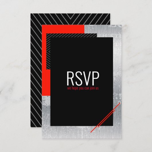 Eenvoudig script Rood, zwart, grijs witte strepen RSVP Kaartje (Voorkant / Achterkant)