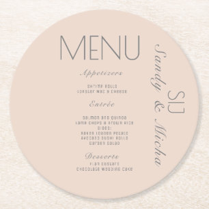 Eenvoudig script roze grijs trouwdiner menu ronde kartonnen onderzetter