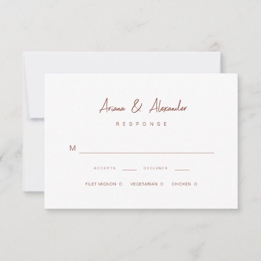 Eenvoudig script terracotta bruiloft RSVP kaartje (Voorkant)