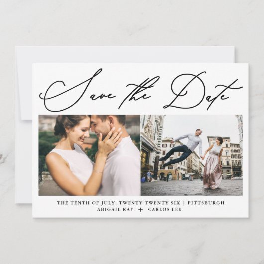 Eenvoudig script twee foto's modern save the date (Voorkant)