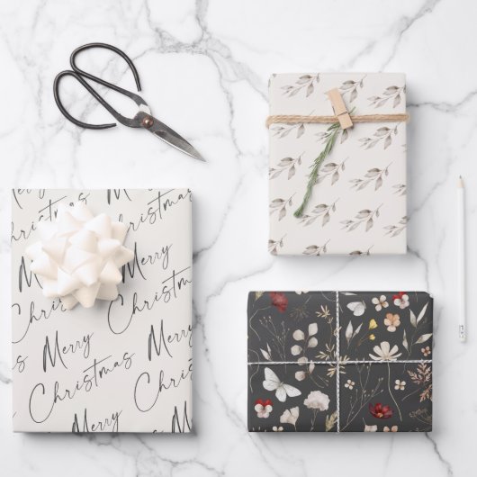 Eenvoudig Script Vrolijk Kerstfeest Boho Wildflowe Inpakpapier Vel (Voorkant)