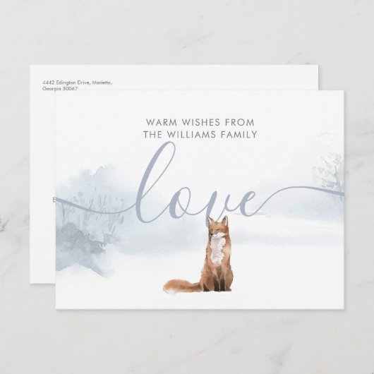 Eenvoudig script Winter Fox KerstFeestdagen Aankondigingskaart (Voorkant / Achterkant)