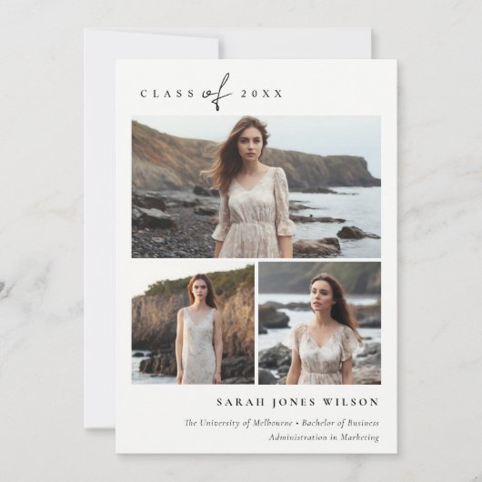 Eenvoudig Script Zwart & Wit 3 Foto Afstuderen Aankondiging (Voorkant)