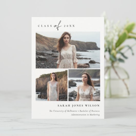 Eenvoudig Script Zwart & Wit 3 Foto Afstuderen Aankondiging (Staand voorkant)