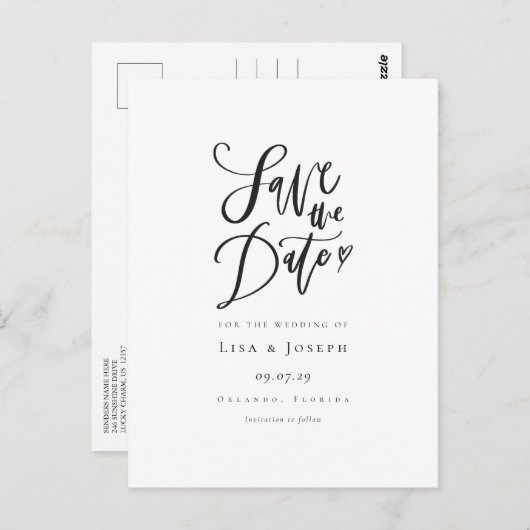 Eenvoudig script Zwart-wit De datum opslaan Briefkaart (Voorkant / Achterkant)