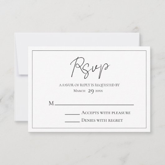 Eenvoudig script zwart-wit RSVP kaartje (Voorkant)