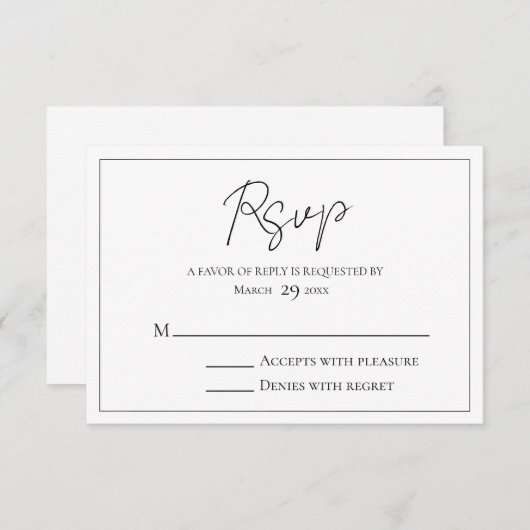 Eenvoudig script zwart-wit RSVP kaartje (Voorkant / Achterkant)